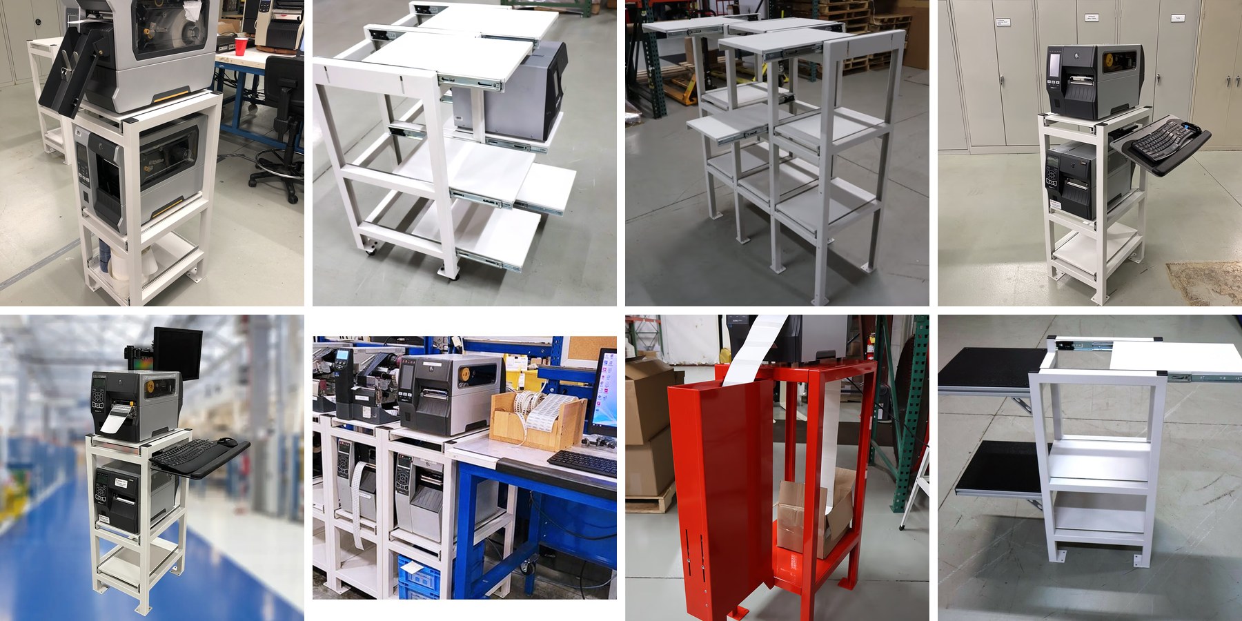 Eight custom label printer stands built by EMP Technical Group, including slide-out tray stands, a multi-unit stand wall, print stations with keyboard trays and monitor arms, stands in use on a warehouse line, and a red fanfold stand.