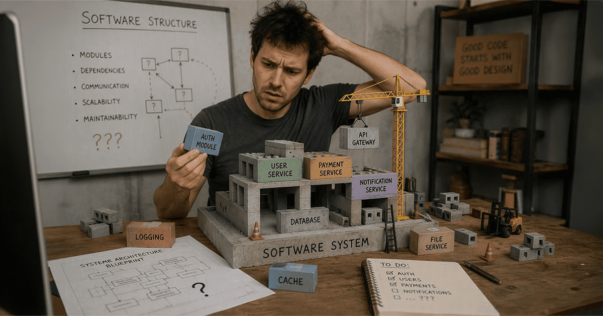Developer scratching his head over a model software system built from labeled blocks, with a whiteboard of software structure notes