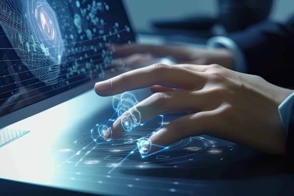 Hands typing on a laptop with glowing AI graphics floating above the keyboard