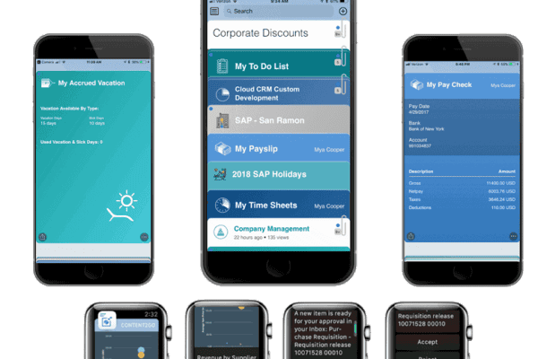 Apple-Interface Enterprise software screens on smartphones and smartwatches showing to-do lists, payslips, and approvals