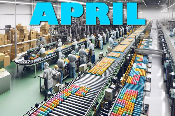A warehouse for egg manufacturing with dozens of workers on a conveyor line assembly