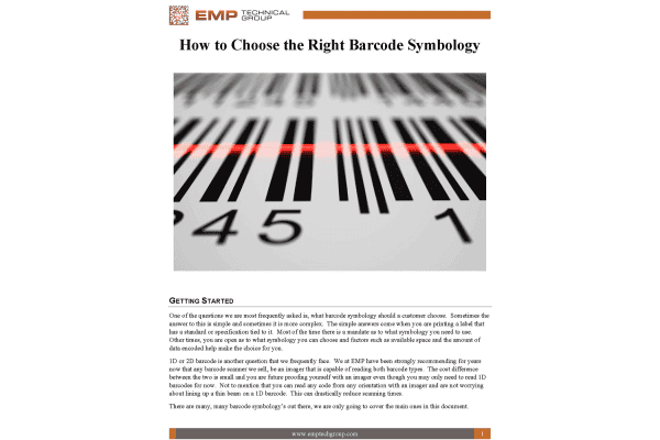 First page of the EMP guide How to Choose the Right Barcode Symbology, with a close-up of a barcode being scanned