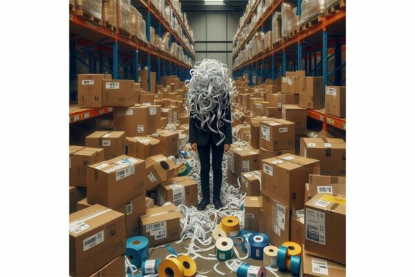 Man in warehouse wrapped in shipping labels