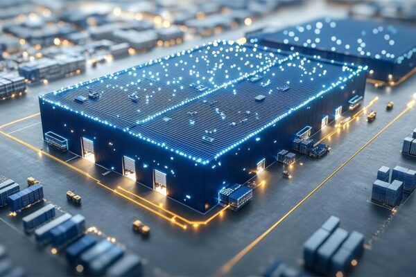 Aerial view looking over a warehouse with lights and dots from tracking devices