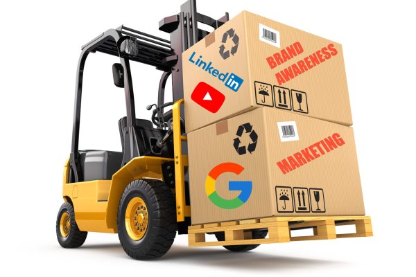 Forklift loading box labeled in Social Media Companies