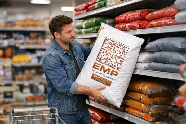 Man picking out dog food at grocery store with EMP logo on the bag.