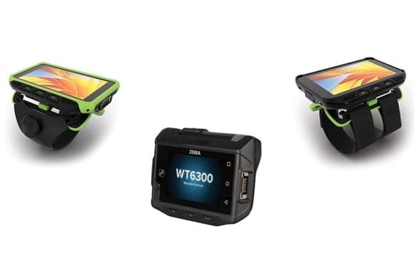 Zebra wearable computers: two wrist-mounted touch computers and a WT6300 wearable terminal