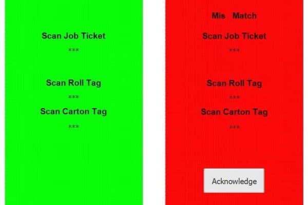 Mobile scanner app screens showing a green good scan and a red mismatch for job ticket, roll tag, and carton tag