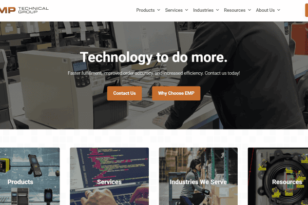 Screenshot of the new EMP Technical Group website home page with the headline Technology to do more