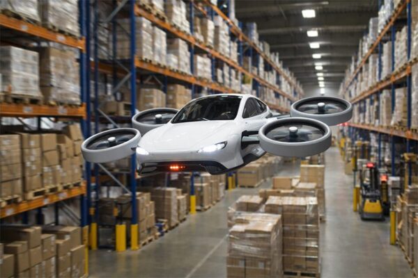 Flying hovercraft car in a warehouse
