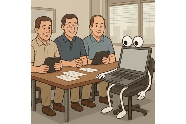 A company interviewing a laptop with eyes, legs, and arms