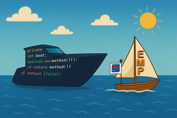 A coded boat drifting behind a fast paced sailboat with the letters EMP on the sail.