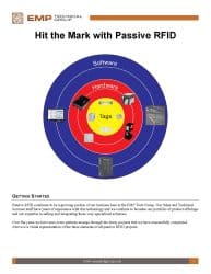 First page of the EMP project guide Hit the Mark with Passive RFID with a target diagram of tags, hardware, and software