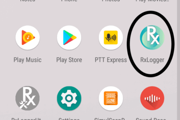 Android app drawer on a Zebra device with the RxLogger app circled