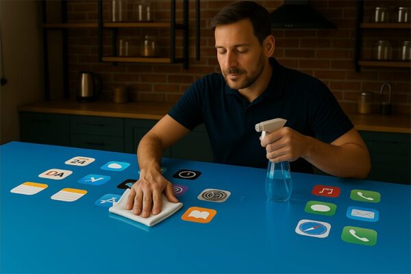 Man Wiping device screen