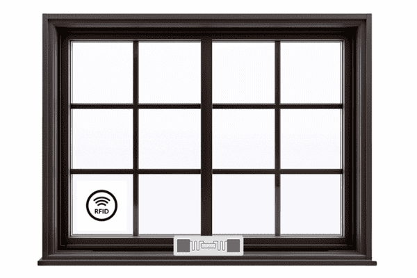 Black-framed window with an RFID icon in one pane and an RFID inlay tag along the bottom rail