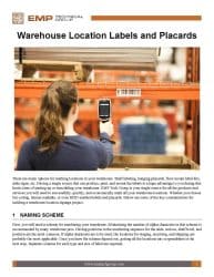 First page of the EMP project guide Warehouse Location Labels and Placards showing a worker scanning a rack label