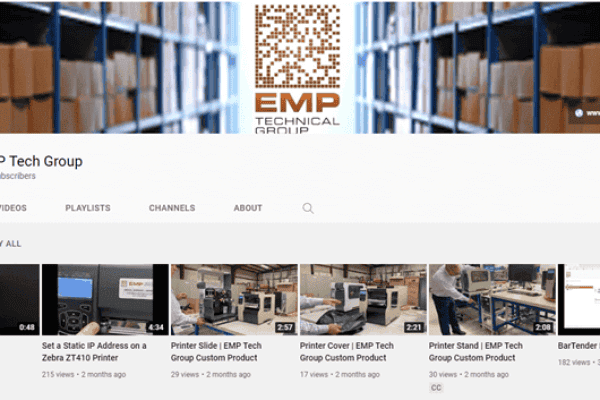 EMP Tech Group YouTube channel page showing video thumbnails