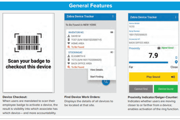 Zebra Device Tracker screens showing device checkout, finding a device, and proximity indicator