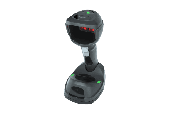 Zebra handheld RFID reader standing in its charging cradle