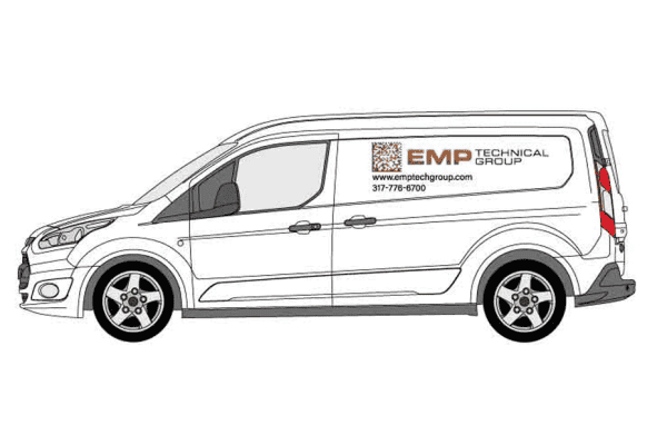 Side view of a white EMP Technical Group service van with logo, website, and phone number