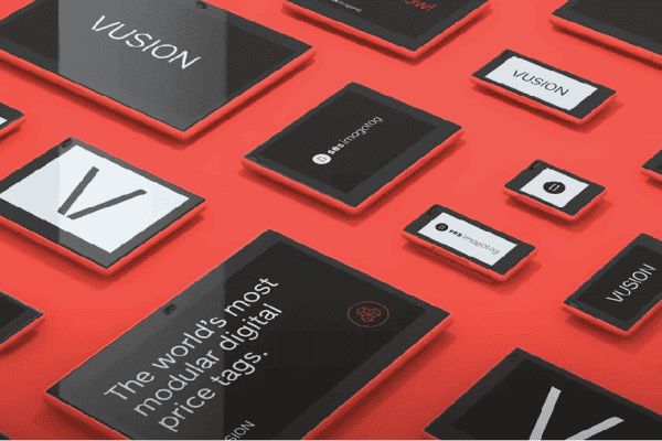 Vusion electronic shelf labels of various sizes laid out on a red background