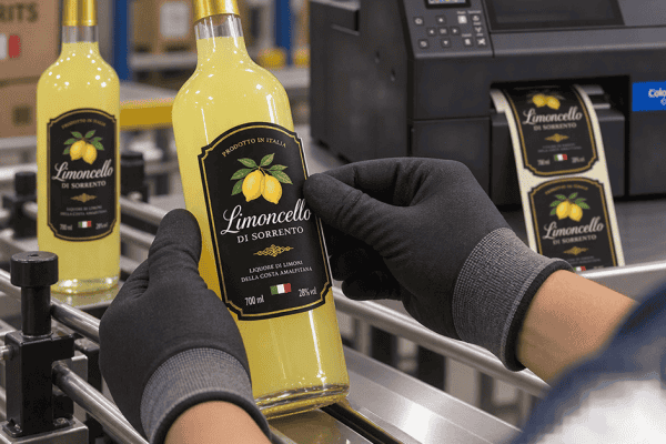 Gloved hands applying a Limoncello label to a bottle beside an Epson ColorWorks color label printer