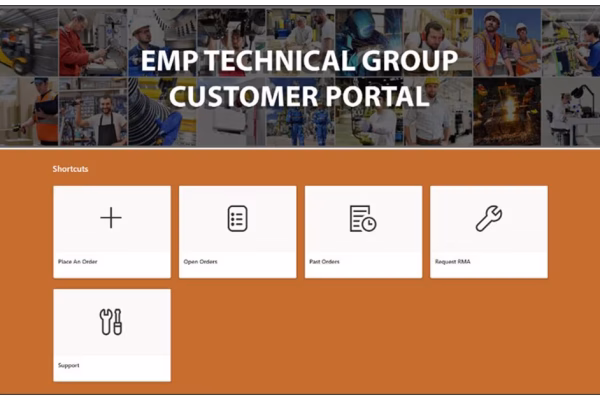 EMP Technical Group customer portal home screen with shortcut tiles for orders, RMAs, and support
