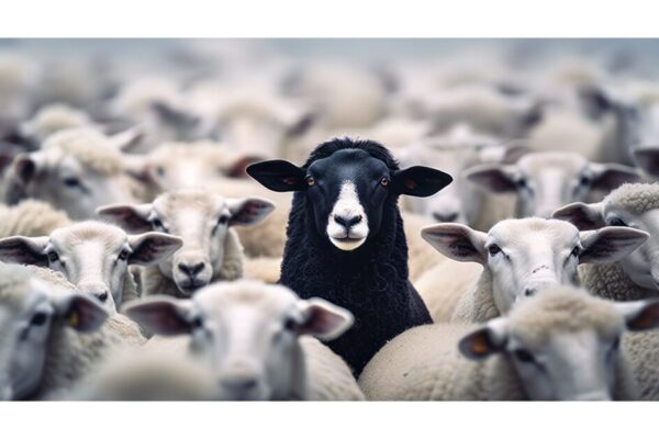 Black sheep standing in a group of white sheep