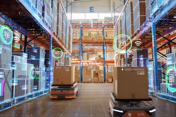 Robots carrying packages in the warehouse