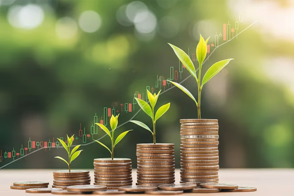 Stacks of coins with seedlings growing from them in front of a rising stock chart