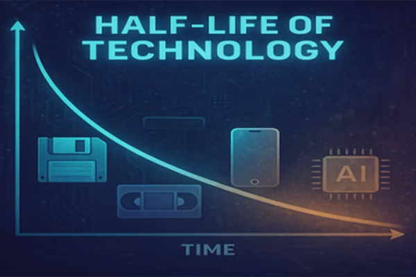Half-life of technology chart: a curve falling over time past a floppy disk, VHS tape, smartphone, and AI chip