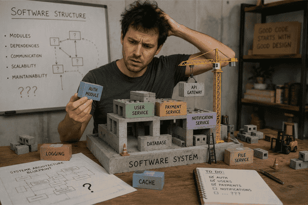 Developer scratching his head over a model software system built from labeled blocks, with a whiteboard of software structure notes