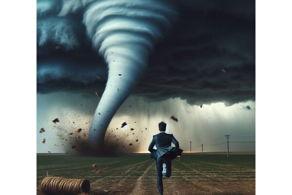 Man running towards a tornado