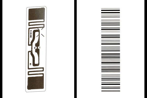An RFID inlay antenna shown beside a printed barcode