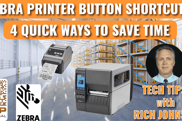 Tech tip graphic: Zebra printer button shortcuts, four quick ways to save time, with a Zebra desktop and industrial printer and host Rich Johnson